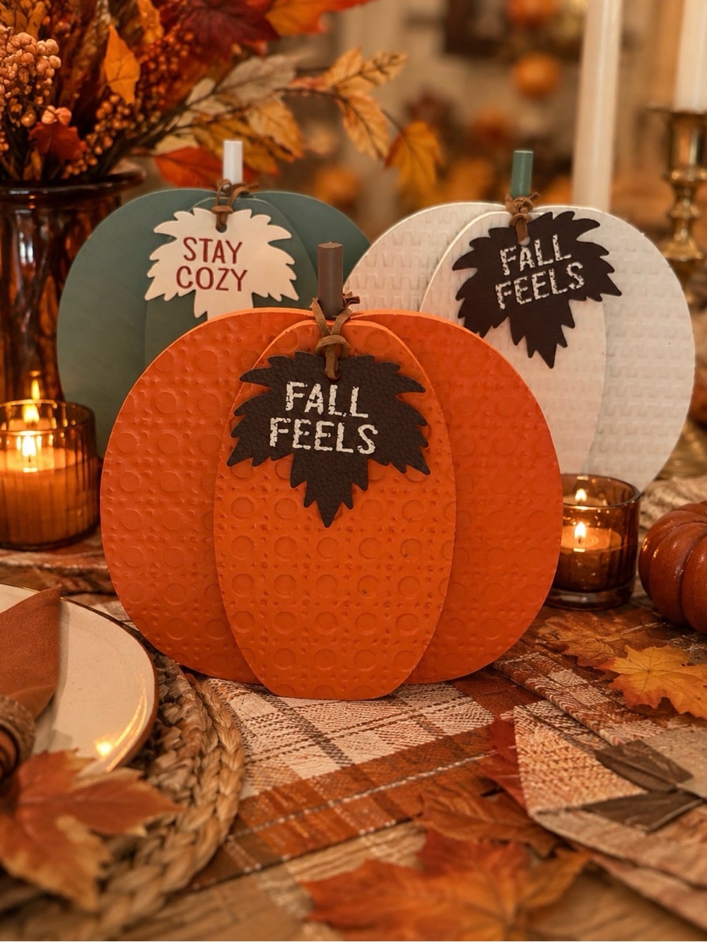 Set of 3 Wooden Fall Pumpkin Decor | Farmhouse Autumn